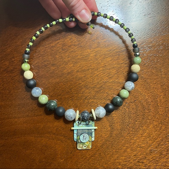 Suzanne Bellows Hand Painted Silk Green Earrings and Necklace Set - Picture 3 of 6